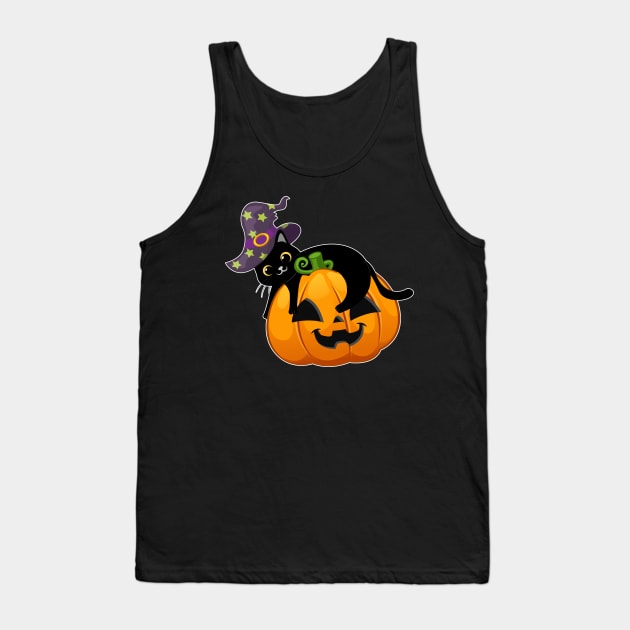 Lazy Black Cat Pumpkin Wear Witch Hat For Halloween 2021 Tank Top by Hong Lien 